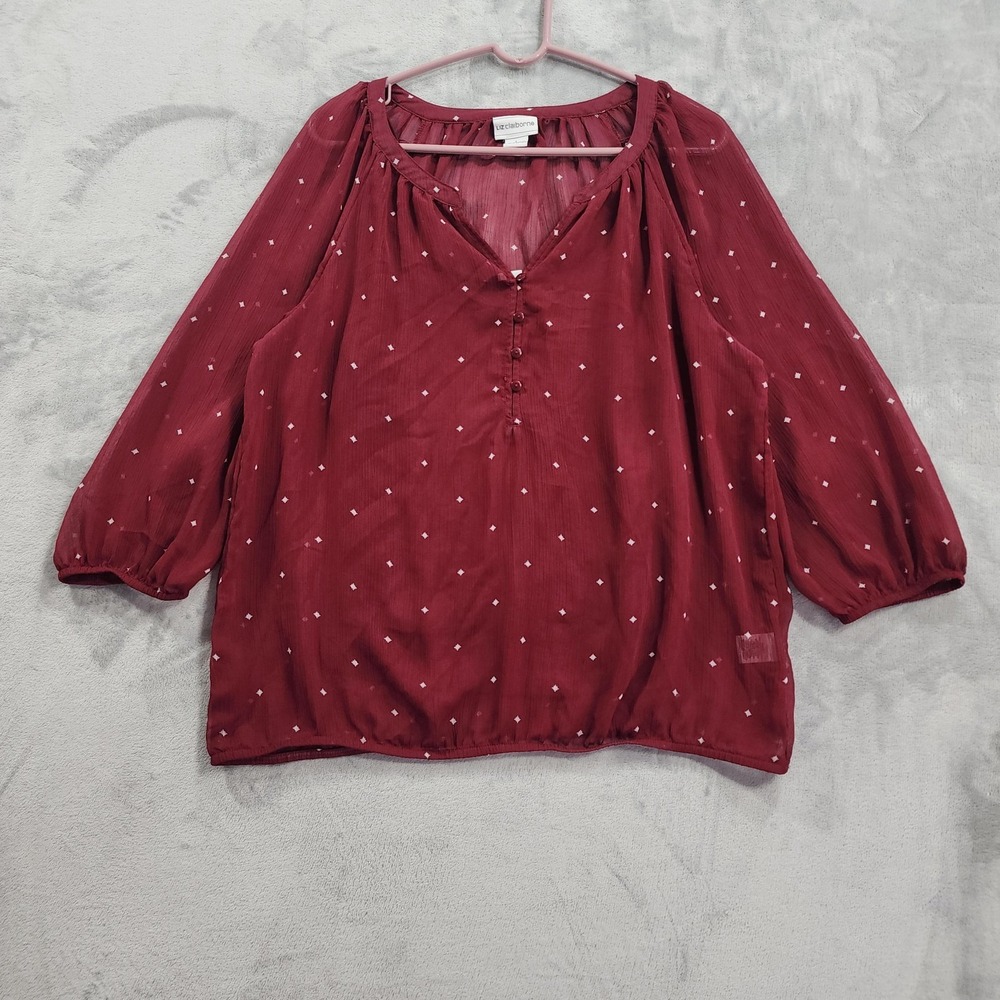 Liz Claiborne Top Womens L Red Geometric Sheer V-Neck Tunic Long Sleeve Boho